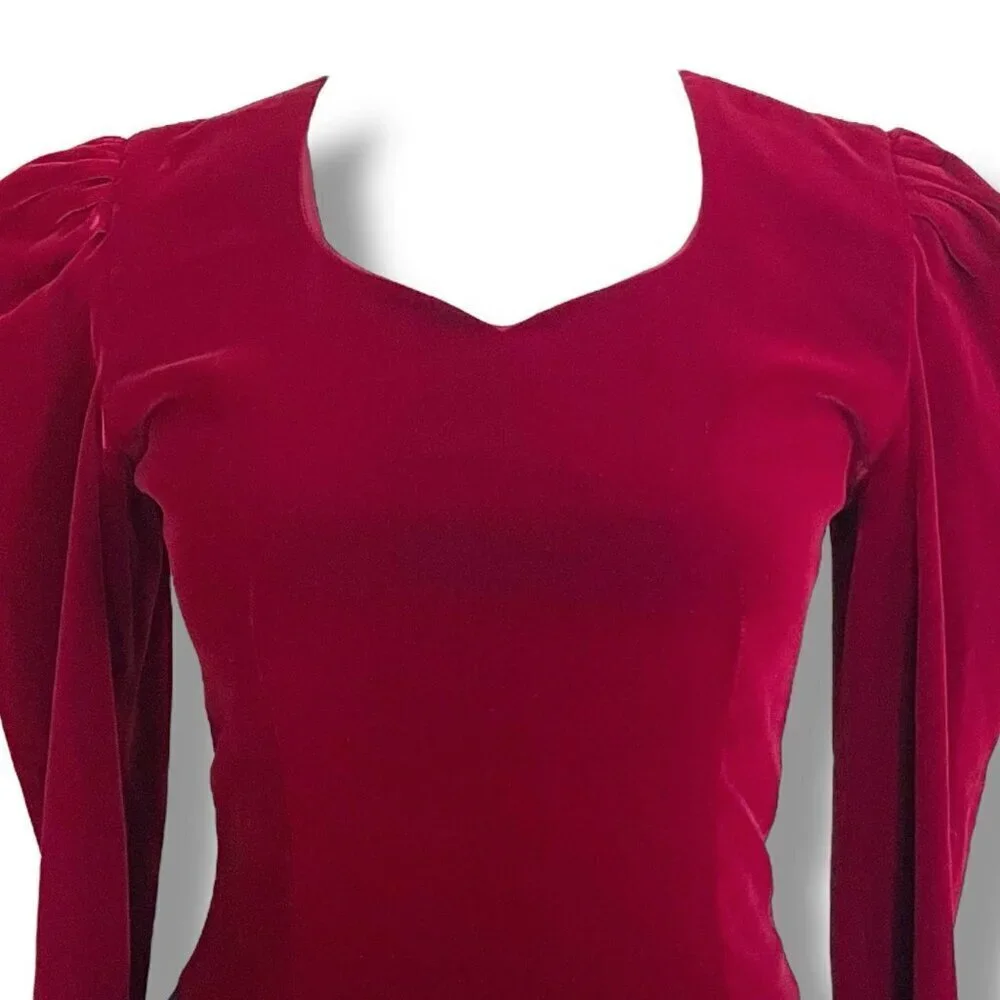 Vintage 1980s Nuit Womens Dress Sz 2 Petite Burgundy Velvet Puff Sleeve Midi - Picture 6 of 13